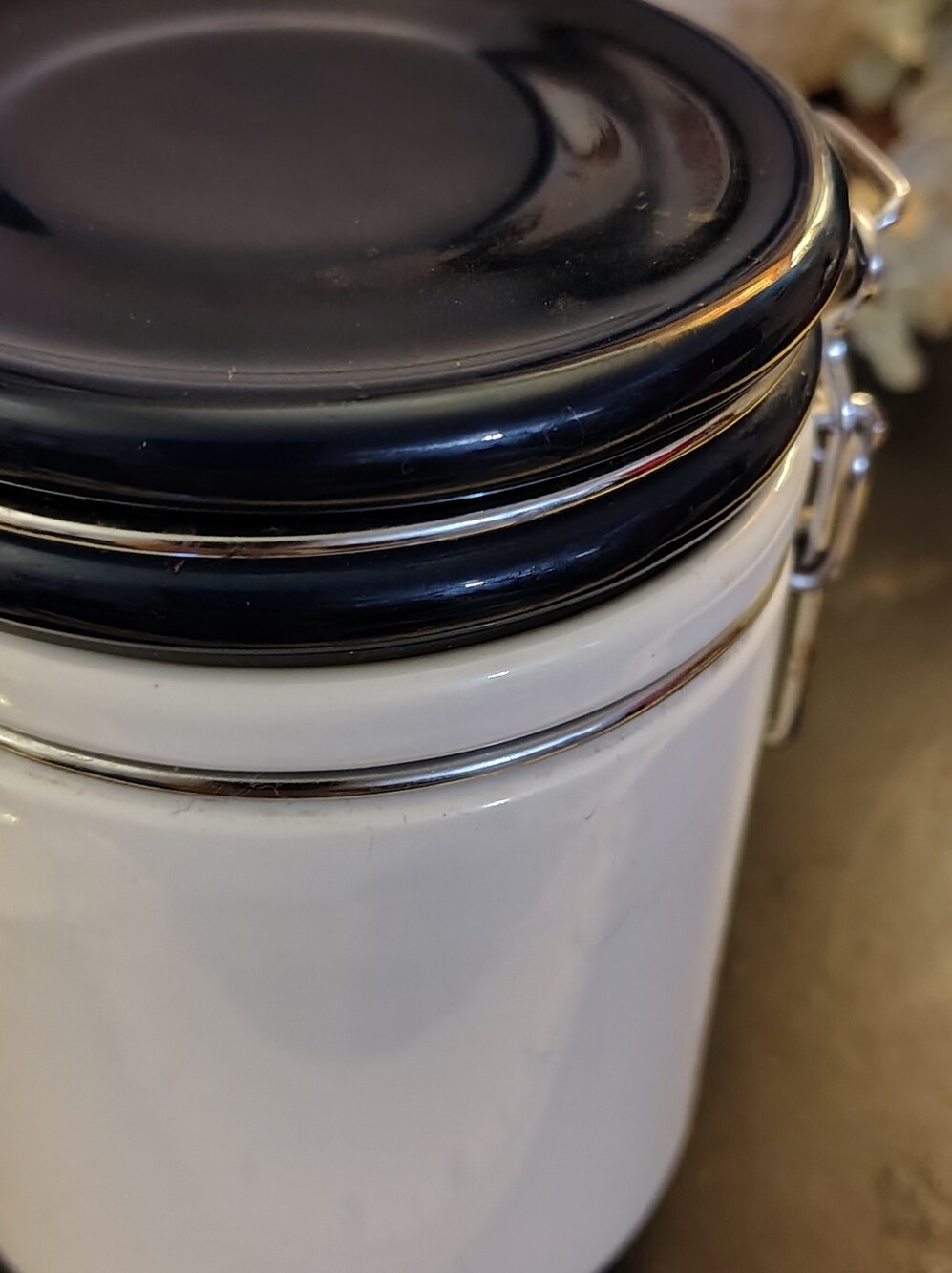 Vintage Essentials Japan Creamy White Ceramic Canister with Navy Blue Clamp Lid